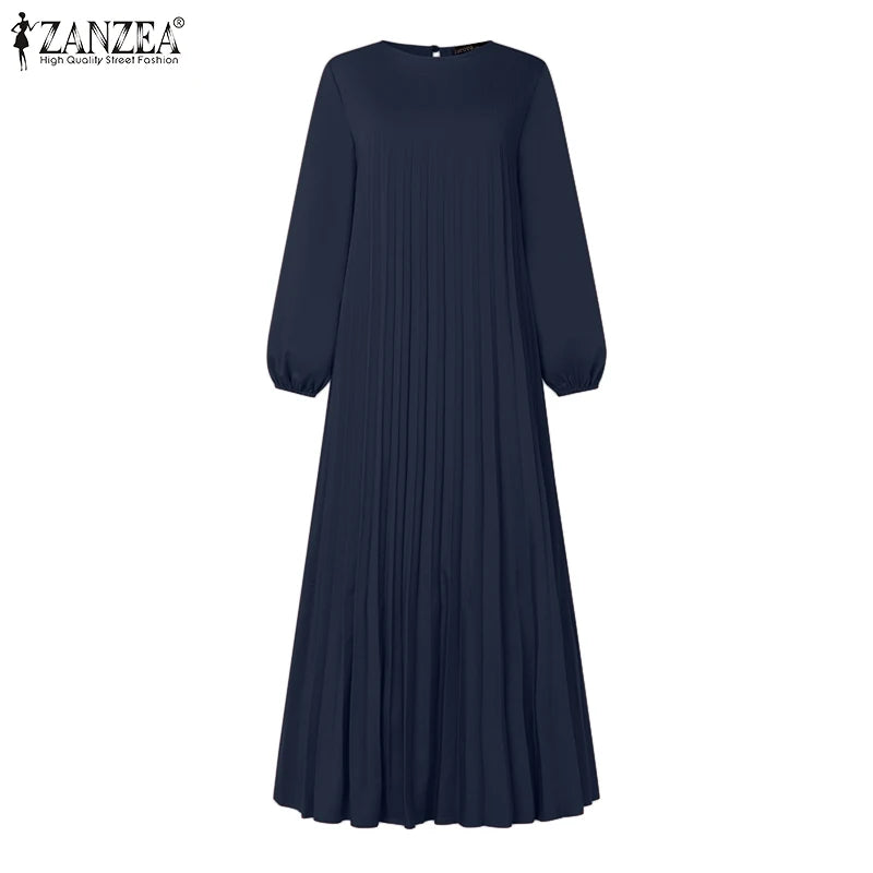 2025 ZANZEA Autumn Elegant Dresses Women O Neck Long Sleeve Sundress Muslim Dubai Abaya Robe Femme Solid Pleated Maxi Vestidos