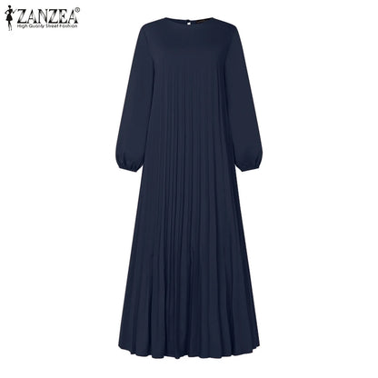 2025 ZANZEA Autumn Elegant Dresses Women O Neck Long Sleeve Sundress Muslim Dubai Abaya Robe Femme Solid Pleated Maxi Vestidos