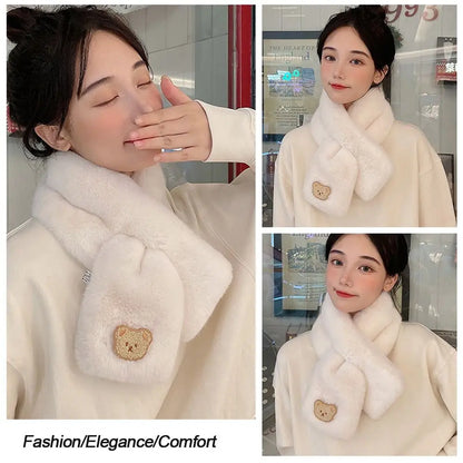 Winter Women Plush Scarf Soft Faux Rabbit Fur Snood Scarves Solid Color Neck Collar Cartoon Bear Girl Neckerchief Warmer Stuff
