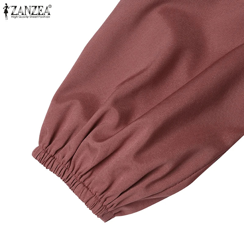 2025 ZANZEA Autumn Elegant Dresses Women O Neck Long Sleeve Sundress Muslim Dubai Abaya Robe Femme Solid Pleated Maxi Vestidos