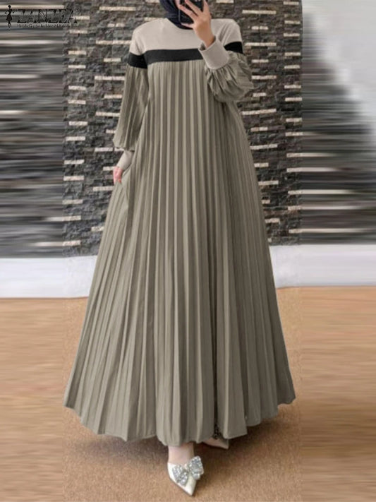 ZANZEA Autumn Women Muslim Dress Turkey Abaya Elegant Long Lantern Sleeve Patchwork Sundress Pleated Vestidos Islamic Dubai Robe