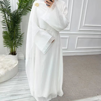 Two Piece Middle East Muslim Cardigan Set for Women Ramadan Eid Dubai Modest Abaya Dress Elegant Islam Solid Turkey Robe Outfit