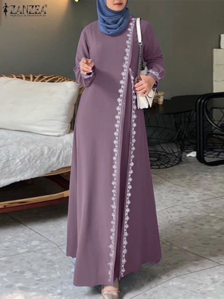 2025 Elegant O Neck Long Sleeve Dresses Women Autumn Maxi Dress ZANZEA Muslim Dubai Abaya Islamic Sundress Patchwork Vestidos