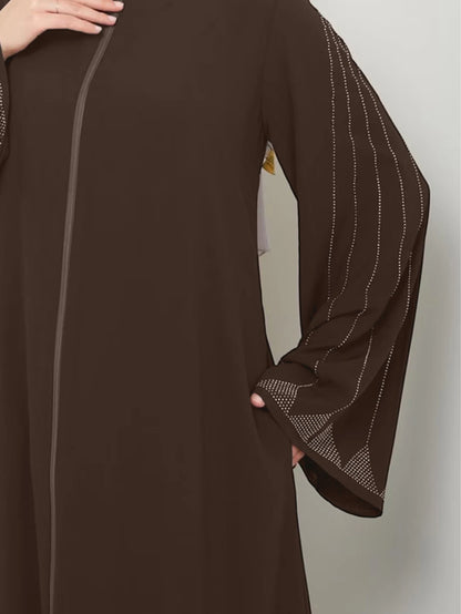 Muslim Fashion Women's Hot Diamond Long Sleeve Loose Coffee Style Elegant Dress