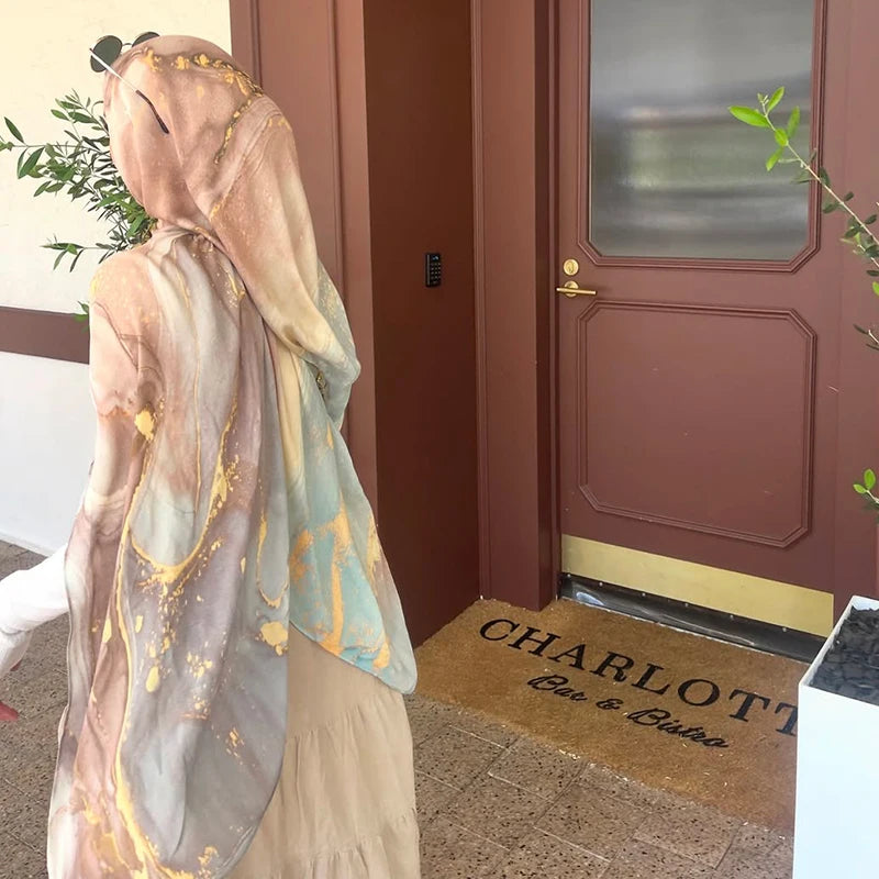 Watercolor Print Hijab Muslim Marble scarf Soft Breathable Sun Protection Lightweight Summer beach Wrap for Women