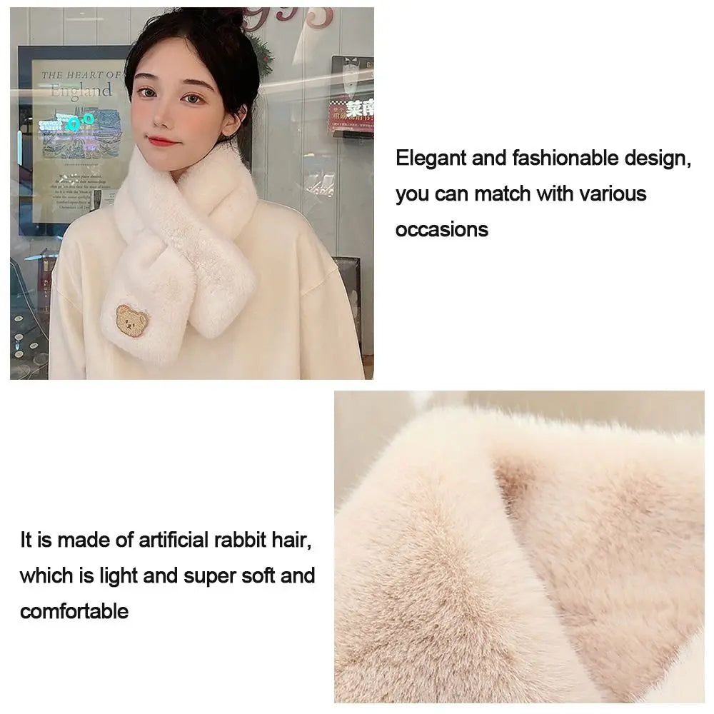 Winter Women Plush Scarf Soft Faux Rabbit Fur Snood Scarves Solid Color Neck Collar Cartoon Bear Girl Neckerchief Warmer Stuff