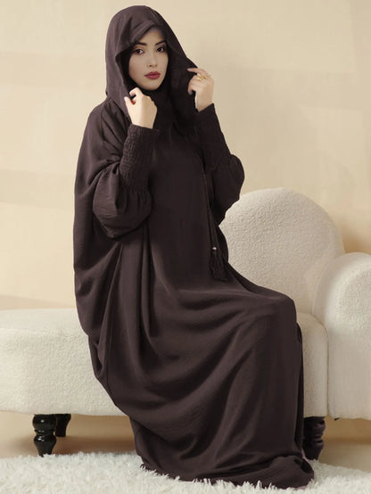 Women Tassel Abayas Muslim Ramadan Prayer Clothing With Hooded Jalaba Solid Casual Batwing Sleeve Arab Oriental Robe Eid Djellab