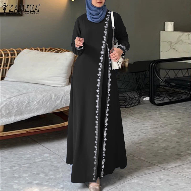 2025 Elegant O Neck Long Sleeve Dresses Women Autumn Maxi Dress ZANZEA Muslim Dubai Abaya Islamic Sundress Patchwork Vestidos