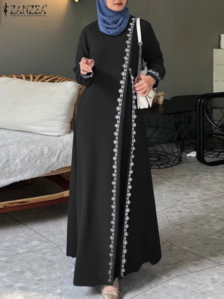 2025 Elegant O Neck Long Sleeve Dresses Women Autumn Maxi Dress ZANZEA Muslim Dubai Abaya Islamic Sundress Patchwork Vestidos