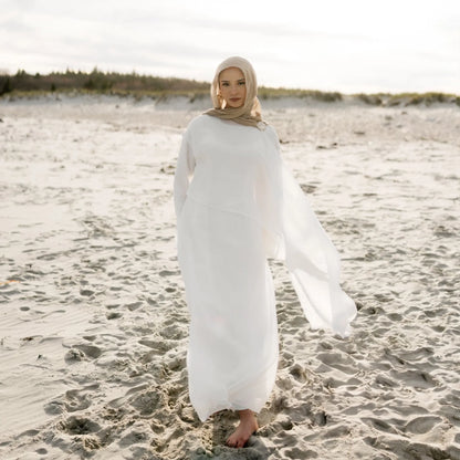 Two Piece Middle East Muslim Cardigan Set for Women Ramadan Eid Dubai Modest Abaya Dress Elegant Islam Solid Turkey Robe Outfit