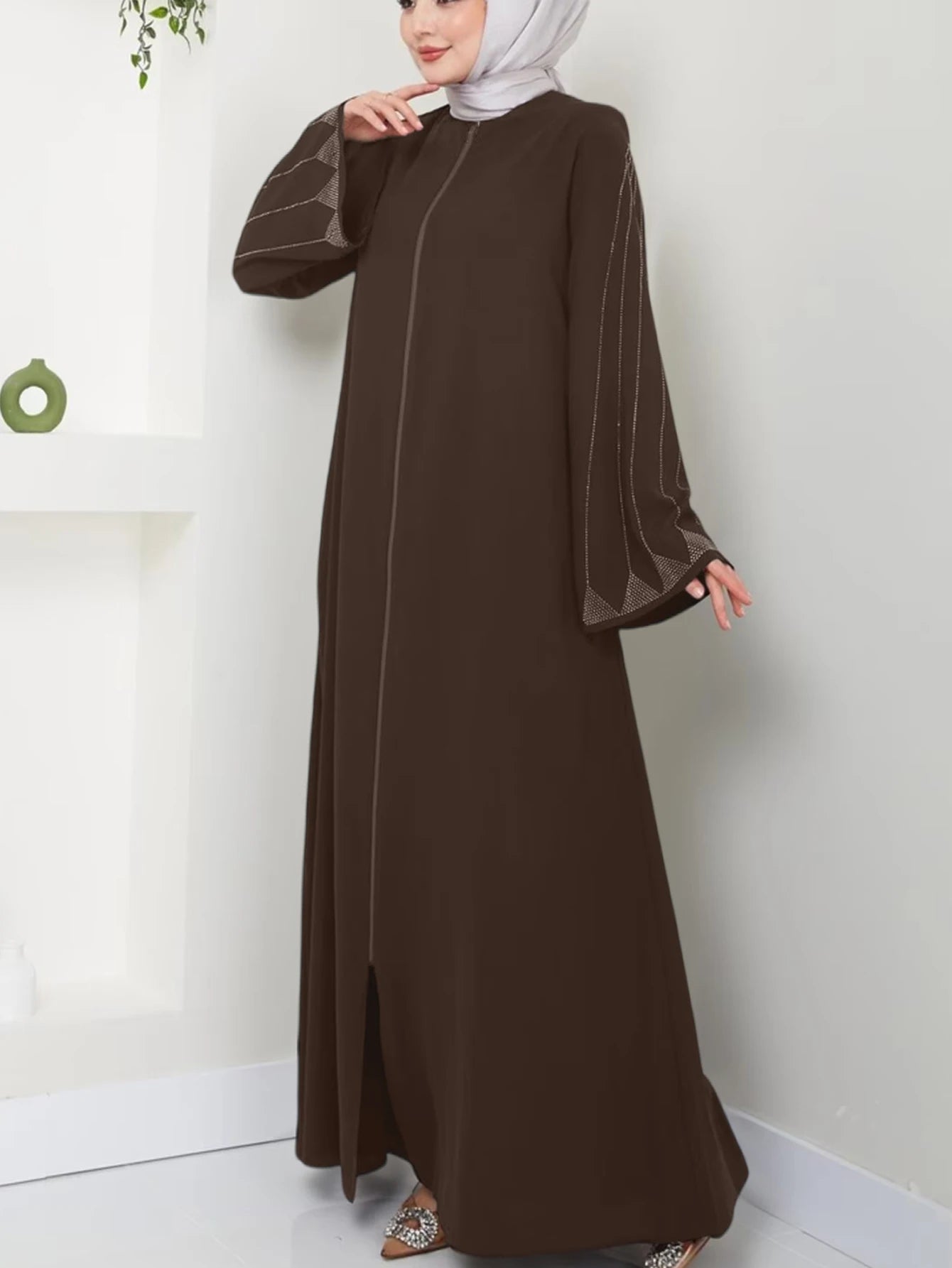 Muslim Fashion Women's Hot Diamond Long Sleeve Loose Coffee Style Elegant Dress
