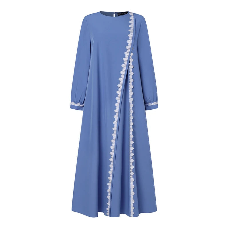 2025 Elegant O Neck Long Sleeve Dresses Women Autumn Maxi Dress ZANZEA Muslim Dubai Abaya Islamic Sundress Patchwork Vestidos