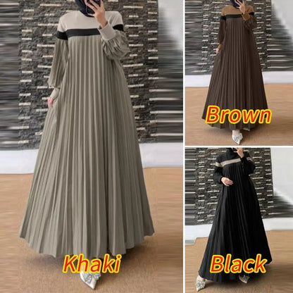 ZANZEA Autumn Women Muslim Dress Turkey Abaya Elegant Long Lantern Sleeve Patchwork Sundress Pleated Vestidos Islamic Dubai Robe