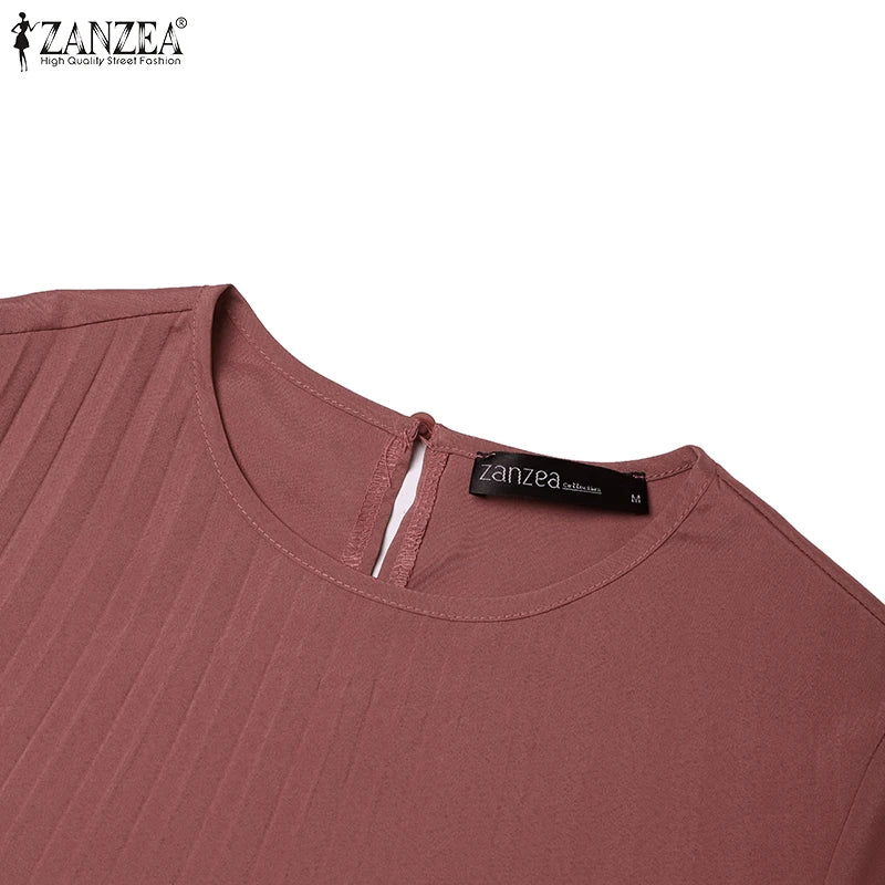 2025 ZANZEA Autumn Elegant Dresses Women O Neck Long Sleeve Sundress Muslim Dubai Abaya Robe Femme Solid Pleated Maxi Vestidos