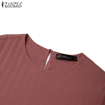 2025 ZANZEA Autumn Elegant Dresses Women O Neck Long Sleeve Sundress Muslim Dubai Abaya Robe Femme Solid Pleated Maxi Vestidos